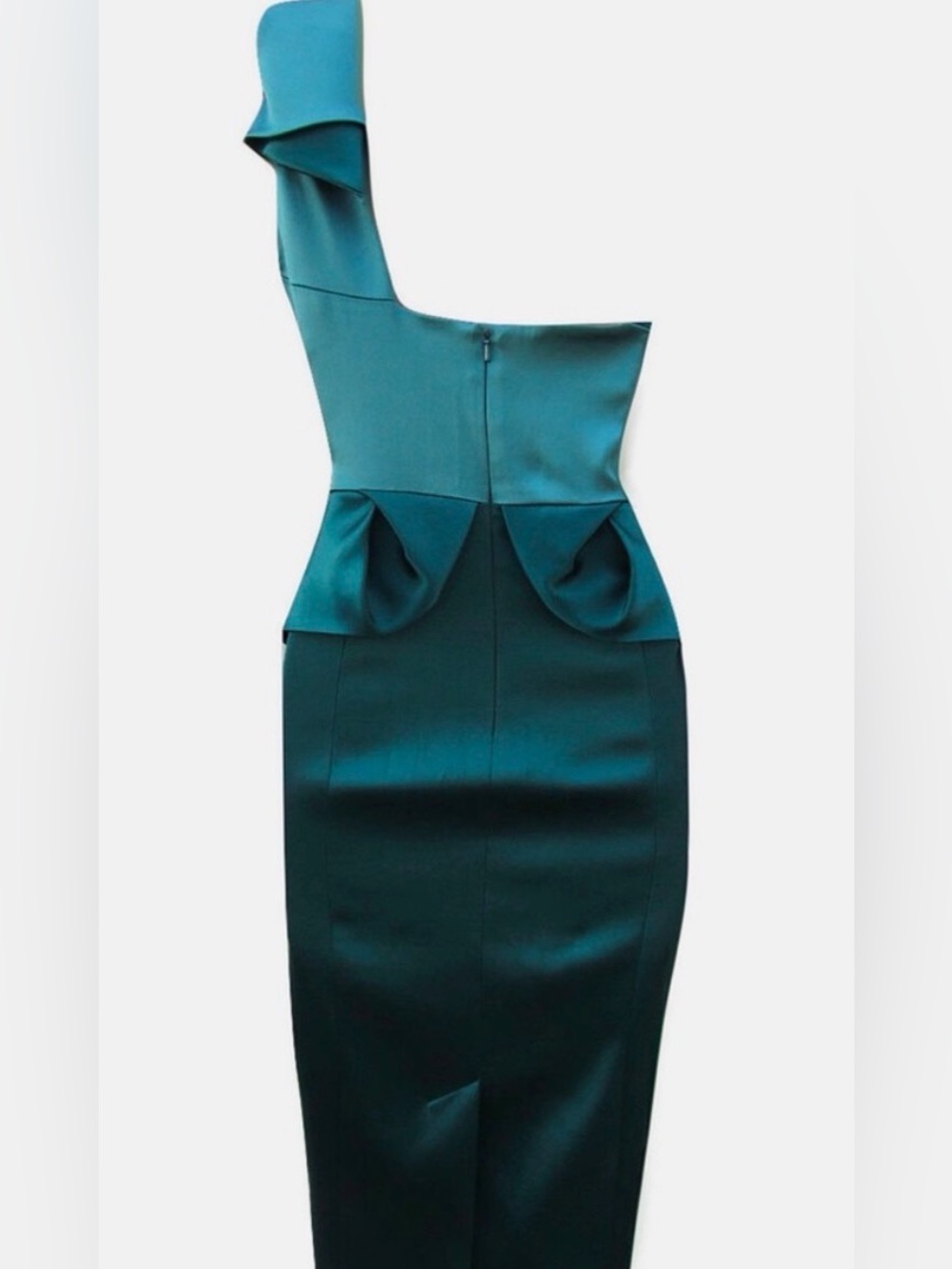 Karen Millen Emerald Satin One-Shoulder Peplum Sheath Cocktail Dress Sz 10 - Picture 3 of 4